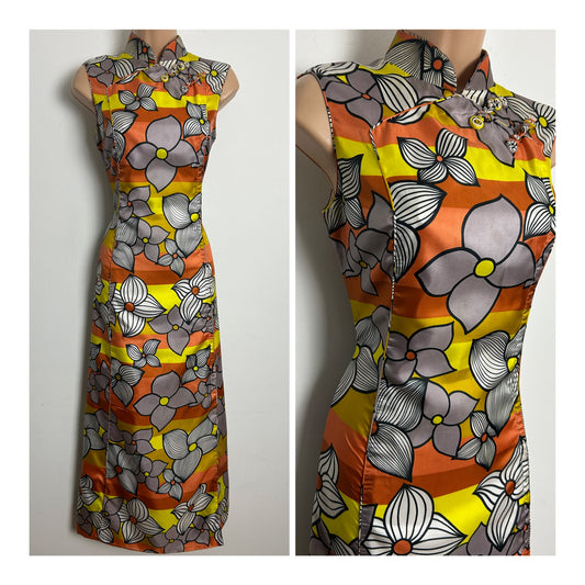 Vintage 1960s WILMOT LOUNGEWEAR Size 8-10 Orange Yellow Grey & White Floral & Stripe Print Cheongsam Style Midaxi Dress