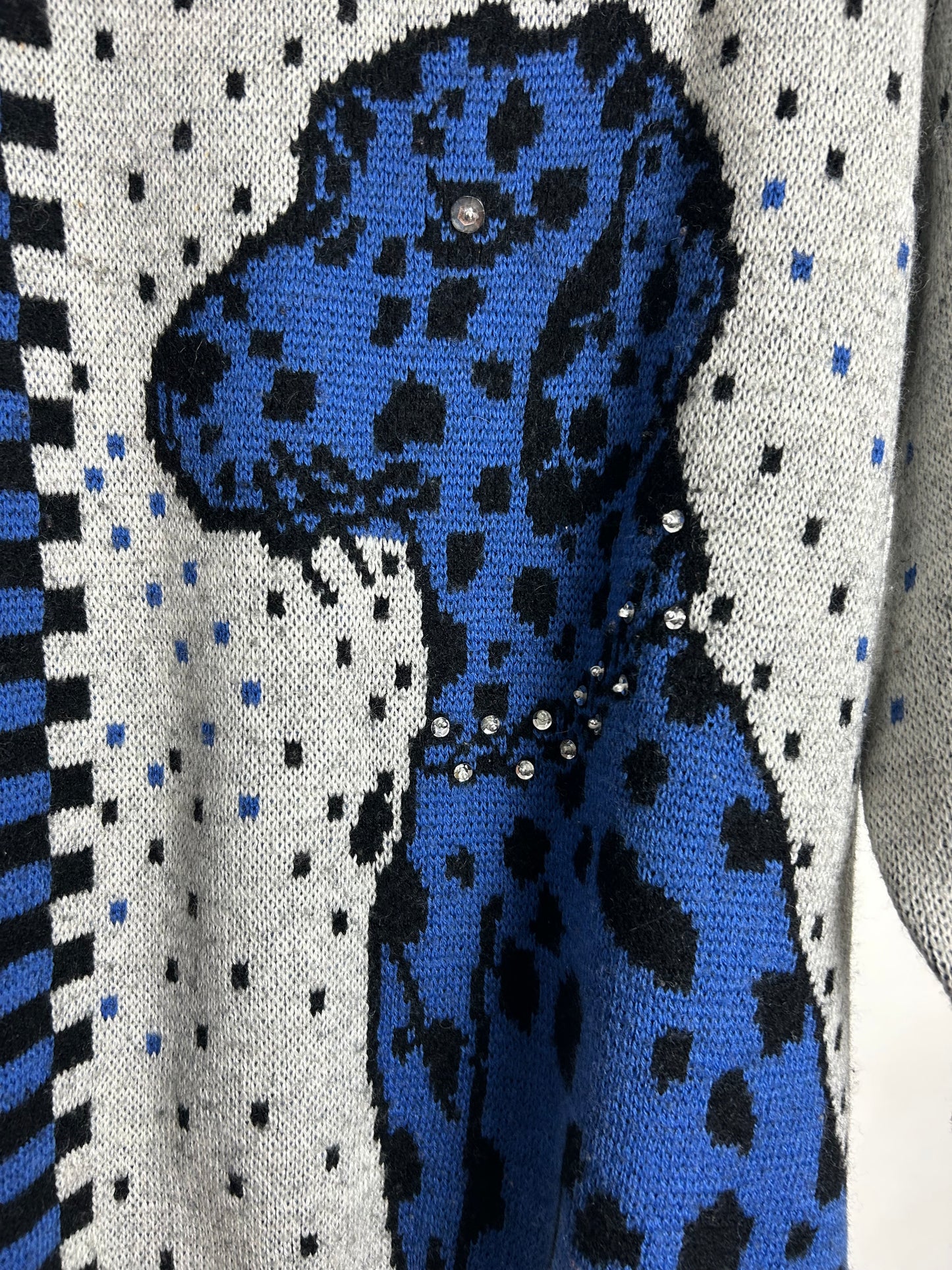 Vintage 1980 1990s Up To Size 14/16 Grey Black & Blue Dalmatian Dog Sequin & Bead Detail Long Sleeve Jumper