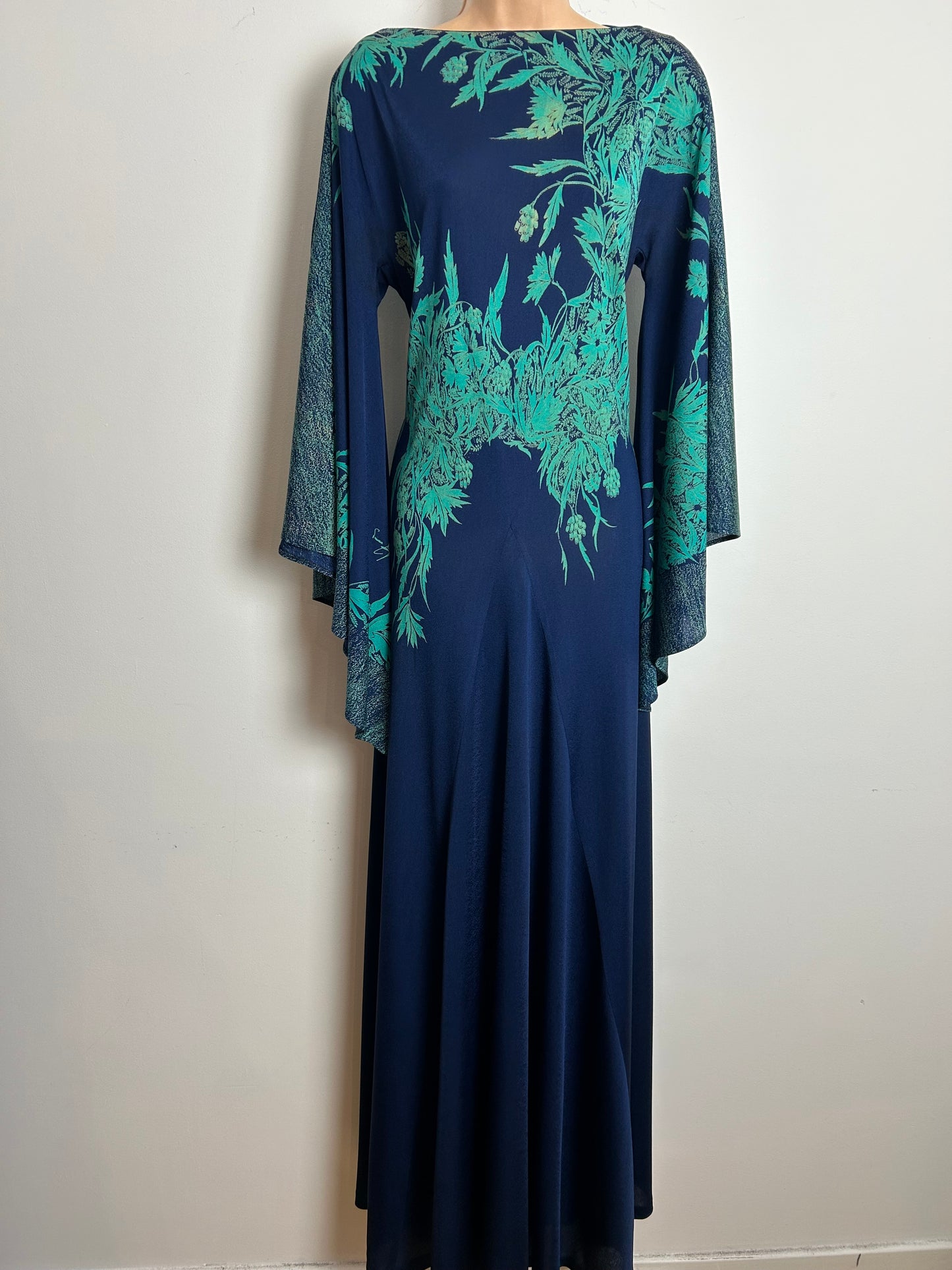 Vintage 1970s RARE PRINCESS RAYOUTI Made In Italy Size 12 Navy Blue & Green Tones Very Wide Sleeve Boho Maxi Dress