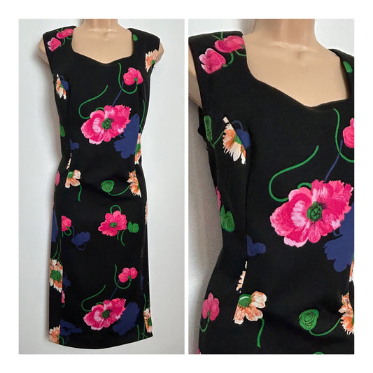 Vintage 1970s Size 16 Black Pink Blue & Orange Floral Print Sleeveless Shift Dress