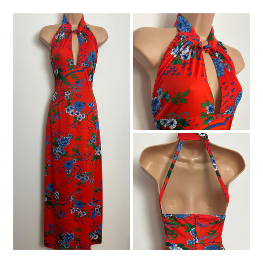 Vintage 1970s PUSZTA Size 10 Red Blue & Green Floral Print Halter Style Cage Back Maxi Dress