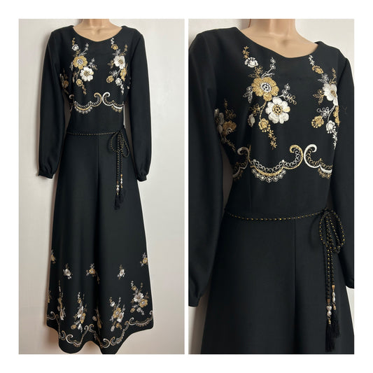 Vintage 1970s UK Size 12 Black Gold & Silver Embroidered Floral Pattern Long Sleeve Belted Occasion Evening Maxi Dress