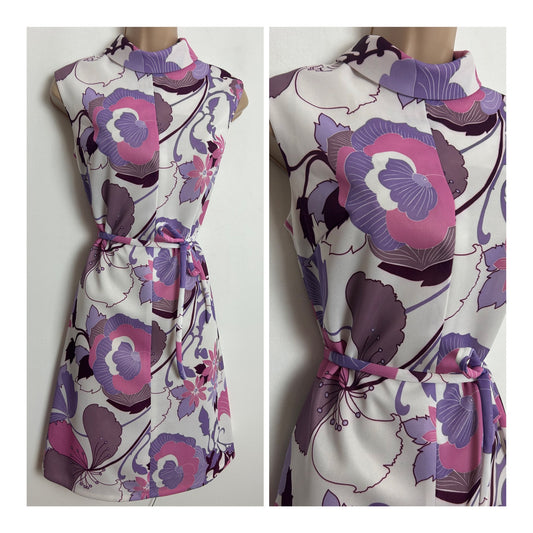 Vintage Early 1970s ST MICHAEL Size 10 White Pink Lilac & Plum Floral Print Sleeveless Belted Mod Dress