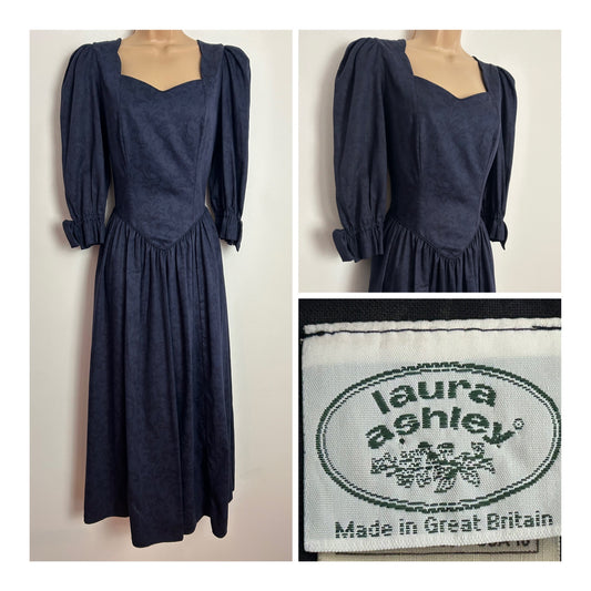 Vintage 1980s LAURA AHSLEY Size 12 Dark Blue Floral Cotton Bo Peep Midi Dress