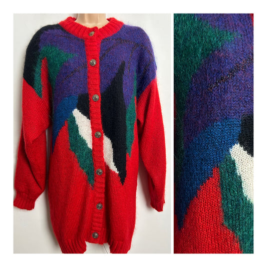 Vintage 1980s STUDIO BORGELT One Size Up To Size 18 Red Purple & Green Mohair Mix Long Sleeve Lined Cardigan