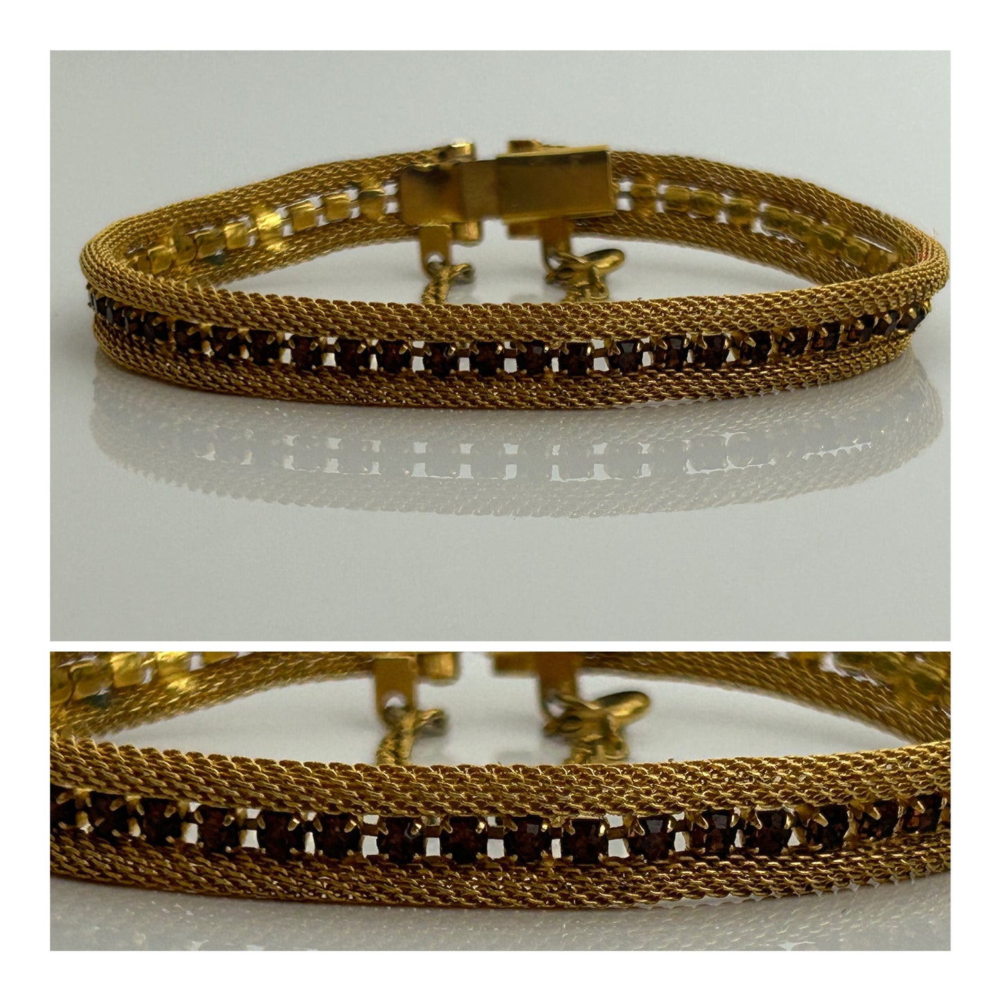 Vintage 1960s Gold Tone Fine Mesh Amber Colour Stone Set Bracelet