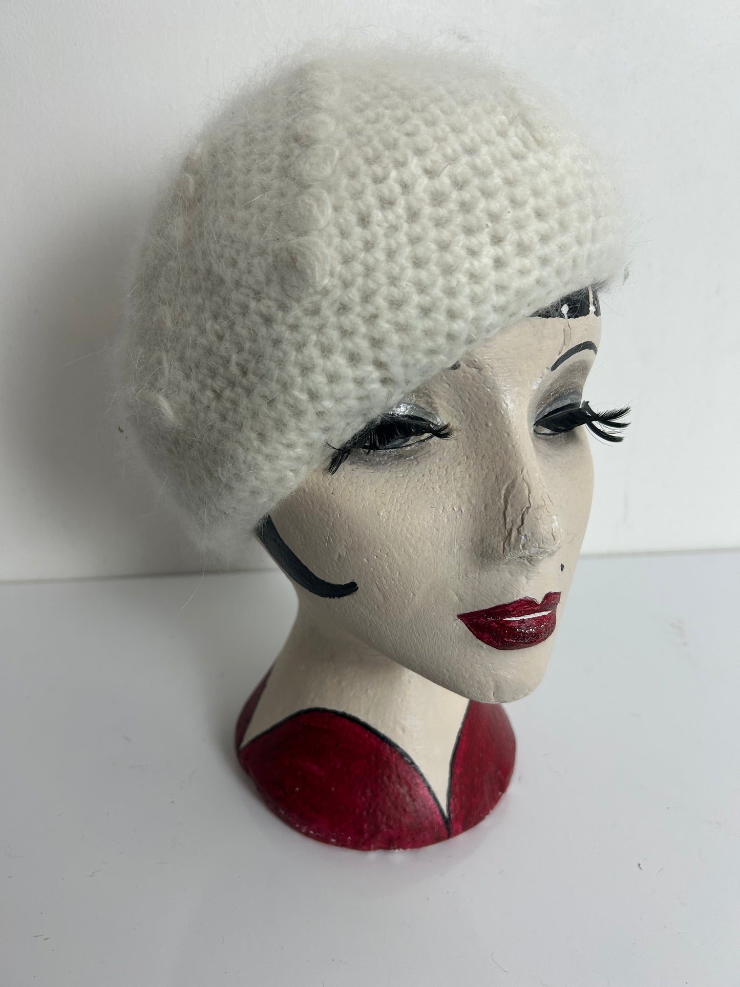 Vintage Winter White Chunky Knit Angora & Wool Mix Beanie Style Hat