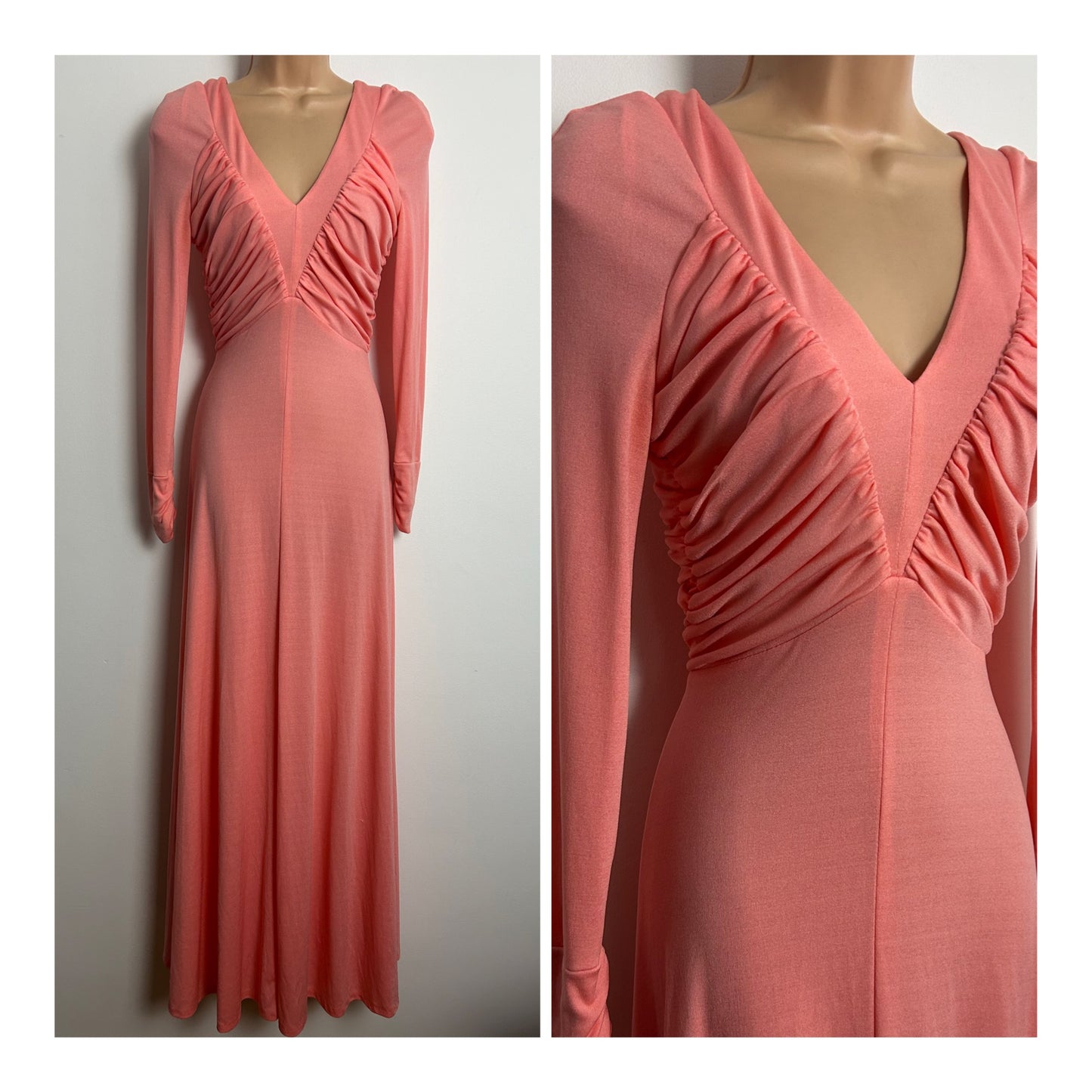 Vintage 1970s SHELENA Size 8 Peach Ruched Bodice Detail Long Sleeve Maxi Dress