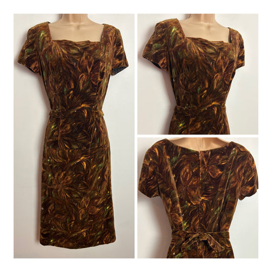 Vintage 1950s CHARME AND CHIC UK Size 12 Brown Floral Print Velvet Short Sleeve Half Belted Wiggle Dress