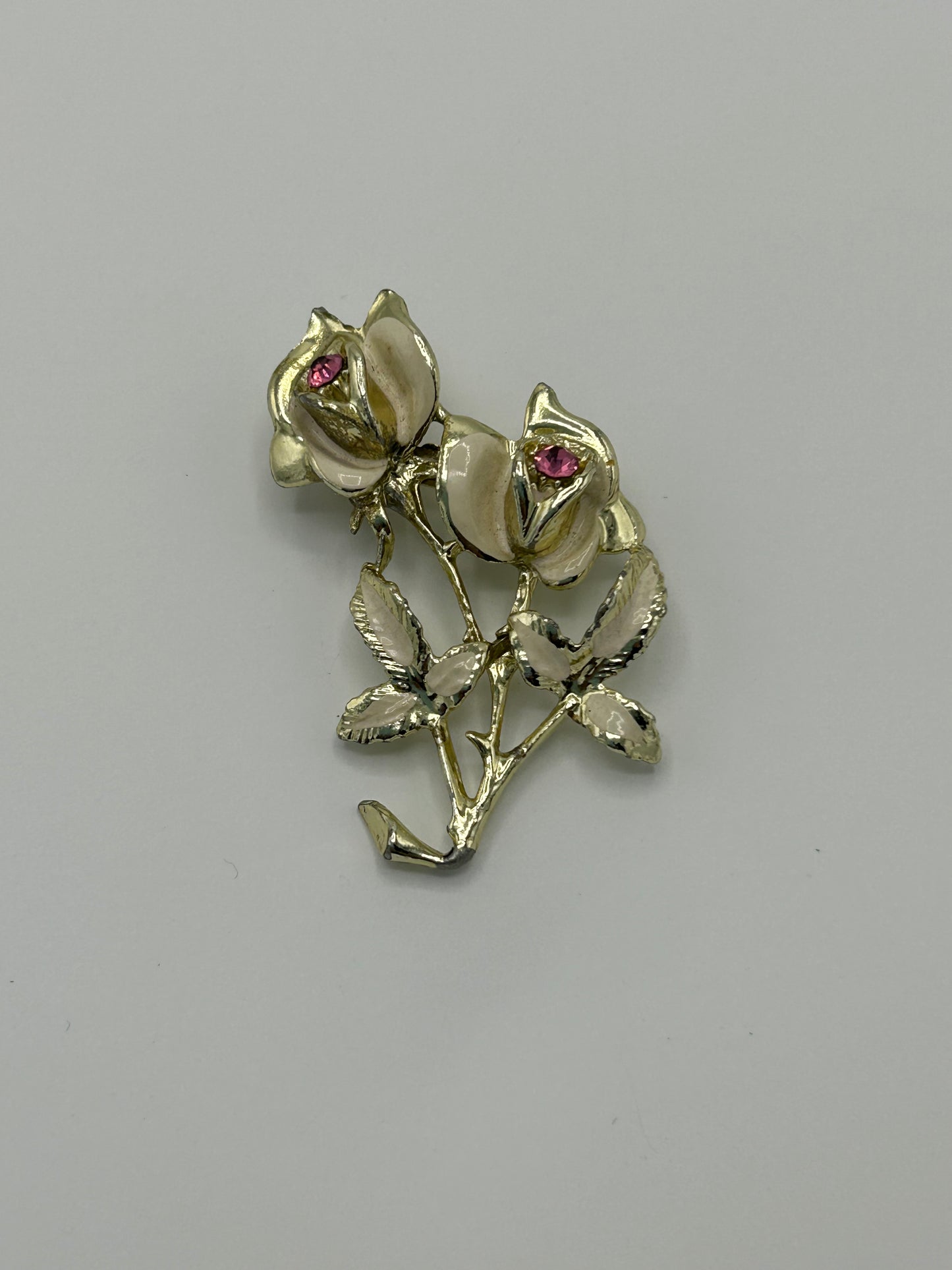 Vintage Gold Tone & Cream Enamel Pink Diamante Stone Set Flower Set Pin Brooch