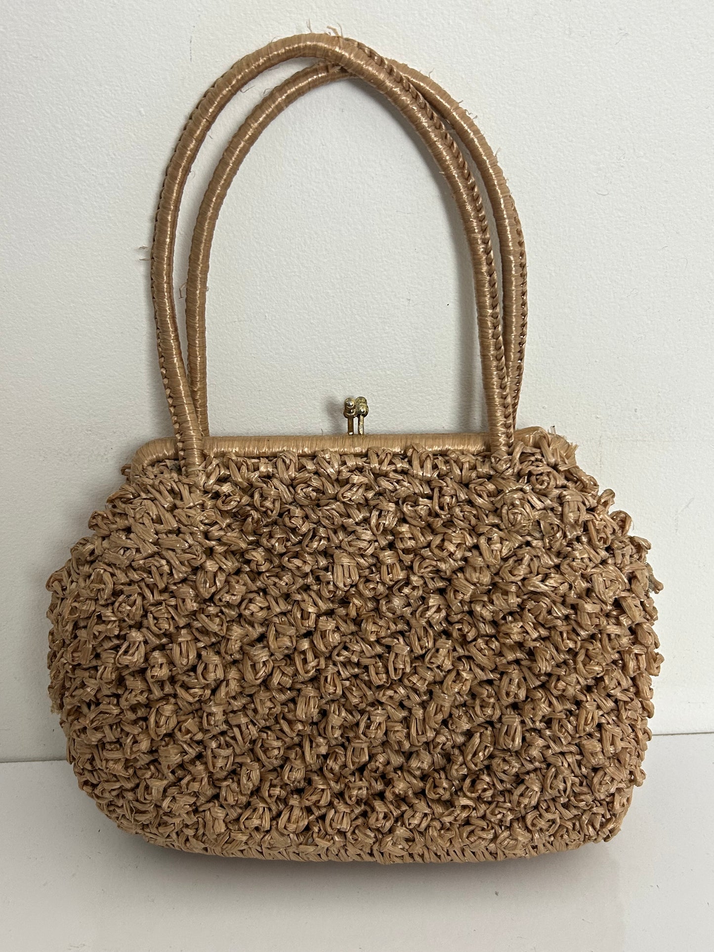 Vintage 1950s Handmade Beige Woven Raffia Style Top Handle Handbag