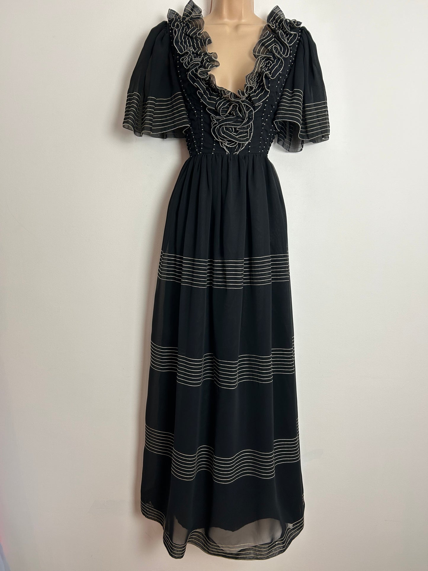 Vintage 1970s JEAN VARON Approx UK Size 10-12 Black Stitch Stripe Detail Tassel Back Ruffle Trim Occasion Evening Maxi Dress