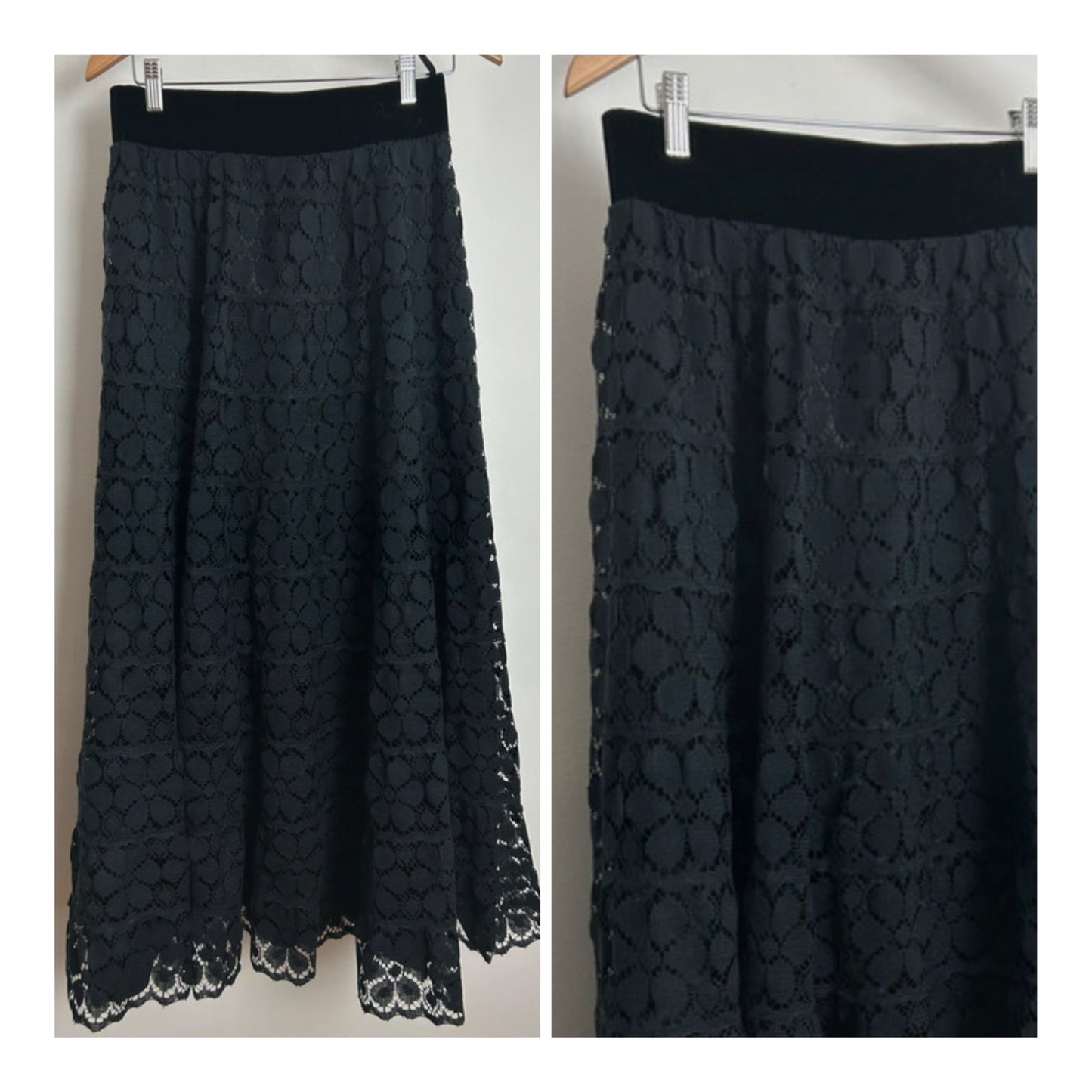 Vintage 1970s Size 8-10 Black Lace & Velvet Waistband Maxi Skirt