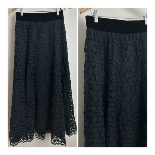 Vintage 1970s Size 8-10 Black Lace & Velvet Waistband Maxi Skirt