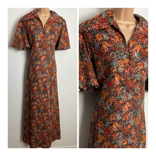 Vintage 1970s Size 12 Brown Orange & Grey Floral Print Short Sleeve Cotton Mix Maxi Dress