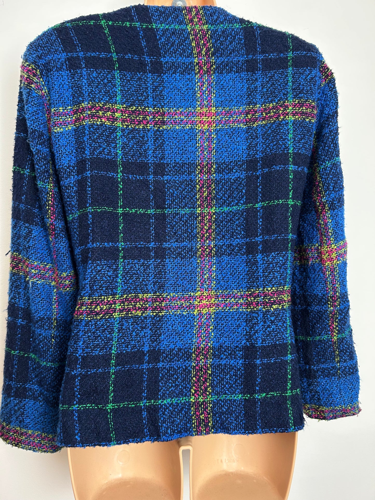 Vintage VINCI CLOTHIERS Size 14 Blue Check Boucle Collarless Boxy Jacket