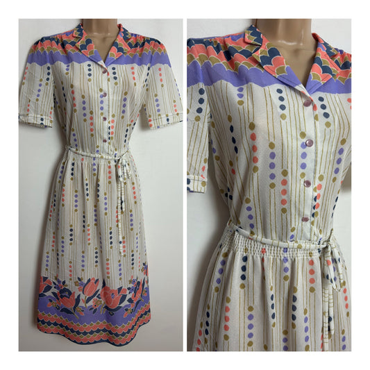 Vintage Early 1980s SIGNOR CALIFORNIA Size 8-10 Off White Lilac & Coral Spot Stripe & Floral Belted Day Dress