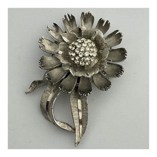 Vintage Large Silver Tone Base Metal Diamante Set Flower Pin Brooch
