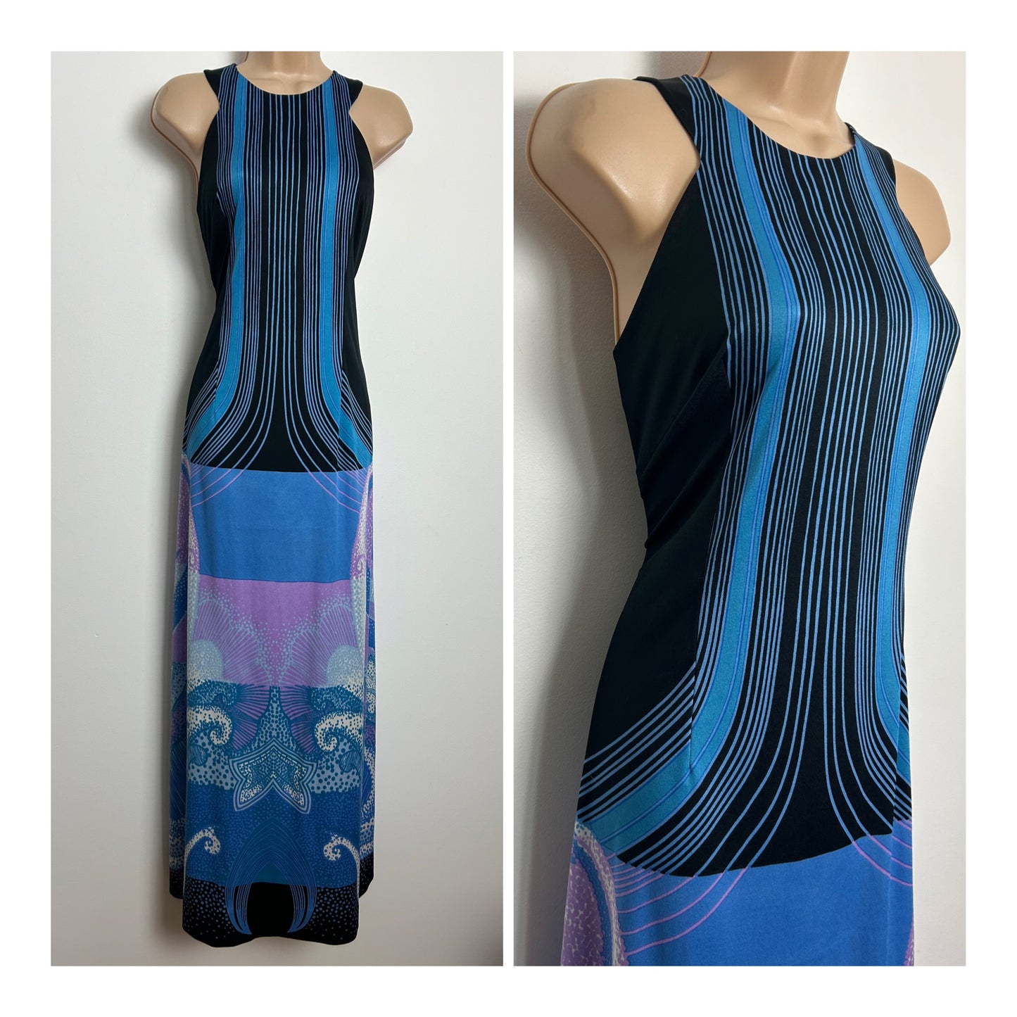 Vintage 1970s Size 8 Black Blue & Lilac Abstract Stripe & Paisley Print Sleeveless Maxi Dress