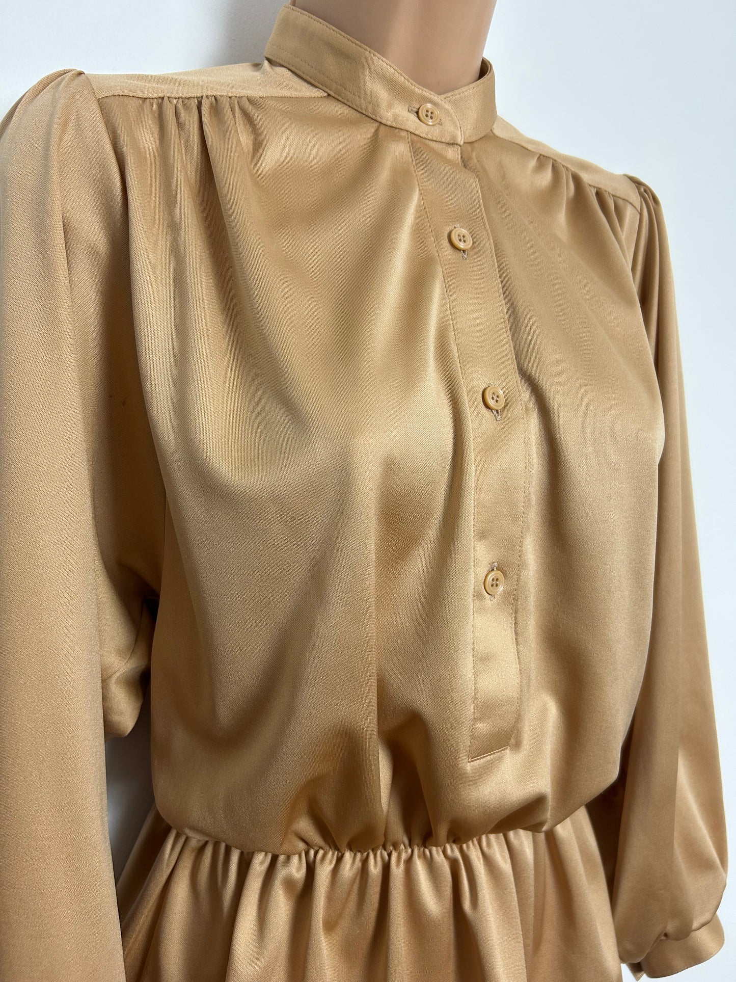 Vintage Early 1980s Size 12-14 Gold Long Sleeve Peplum Style Blouse