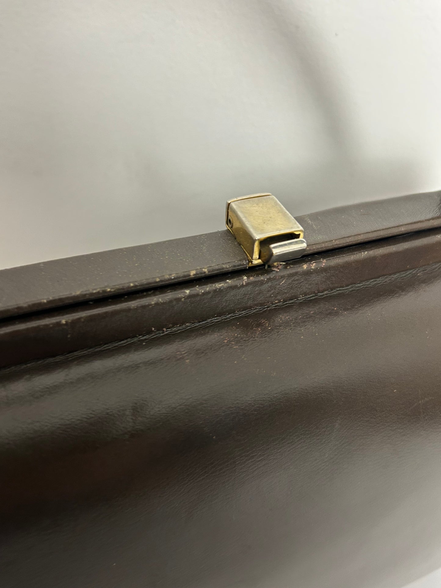 Vintage 1940s Dark Brown Leather Gladstone Style Boxy Handbag