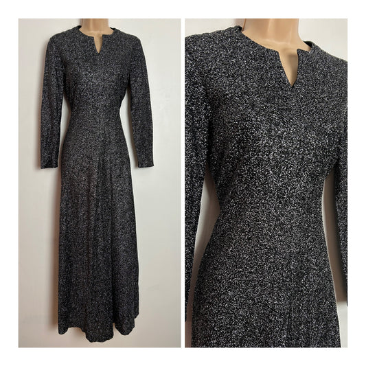 Vintage 1970s UK Size 8 Black & Silver Glittery Lurex Long Sleeve Notch Neck Occasion Maxi Dress