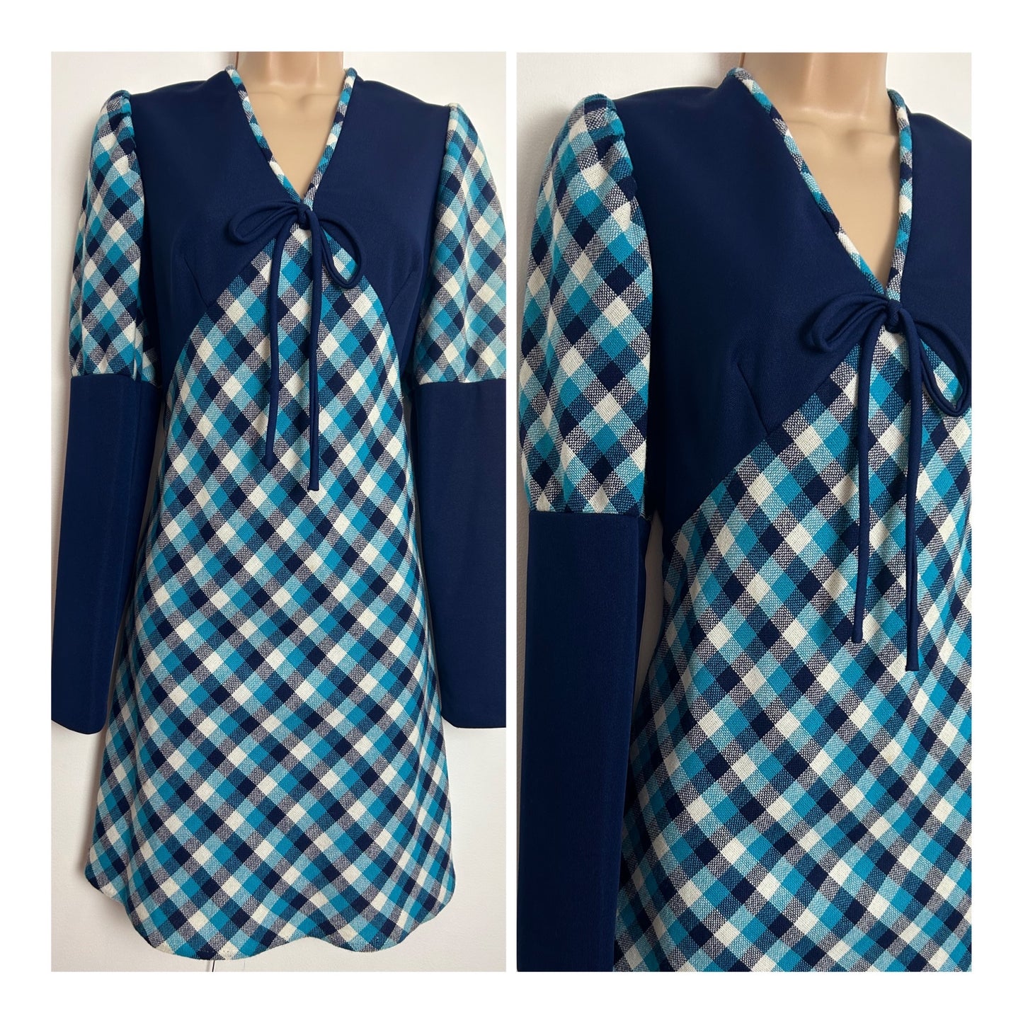 Vintage 1960s CHARMONT OF LONDON UK Size 12-14 Navy Blue White & Turquoise Check Pattern Juliet Sleeve Mod Dress