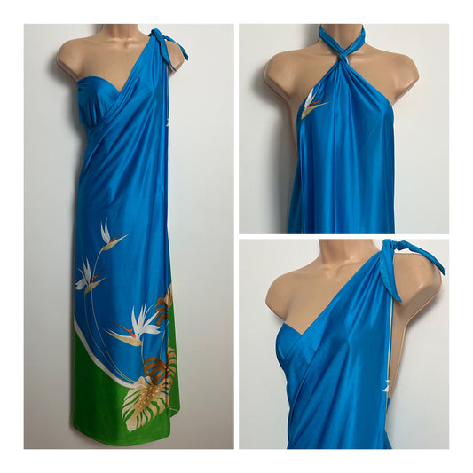 Vintage 1970s MALIHINI HAWAII One Size Blue Green & Beige Floral Pareo Sarong Wrap Maxi Dress