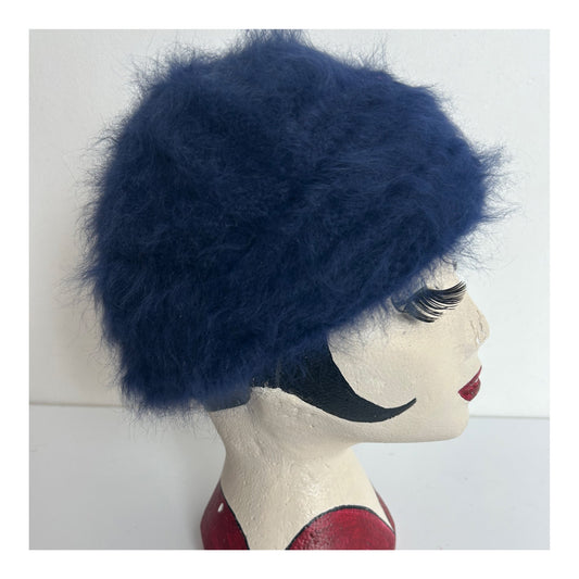 Vintage Navy Blue Angora & Wool Mix Super Soft Beanie Pull On Hat