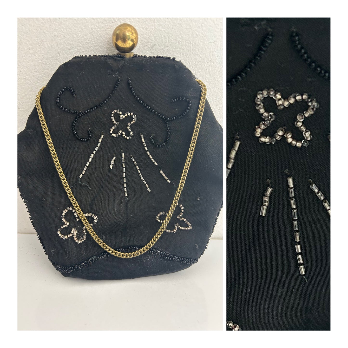 Antique Victorian Small Black Hexagonal Silk Beaded Purse/Handbag