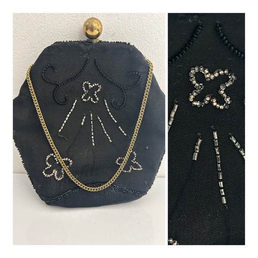 Antique Victorian Small Black Hexagonal Silk Beaded Purse/Handbag