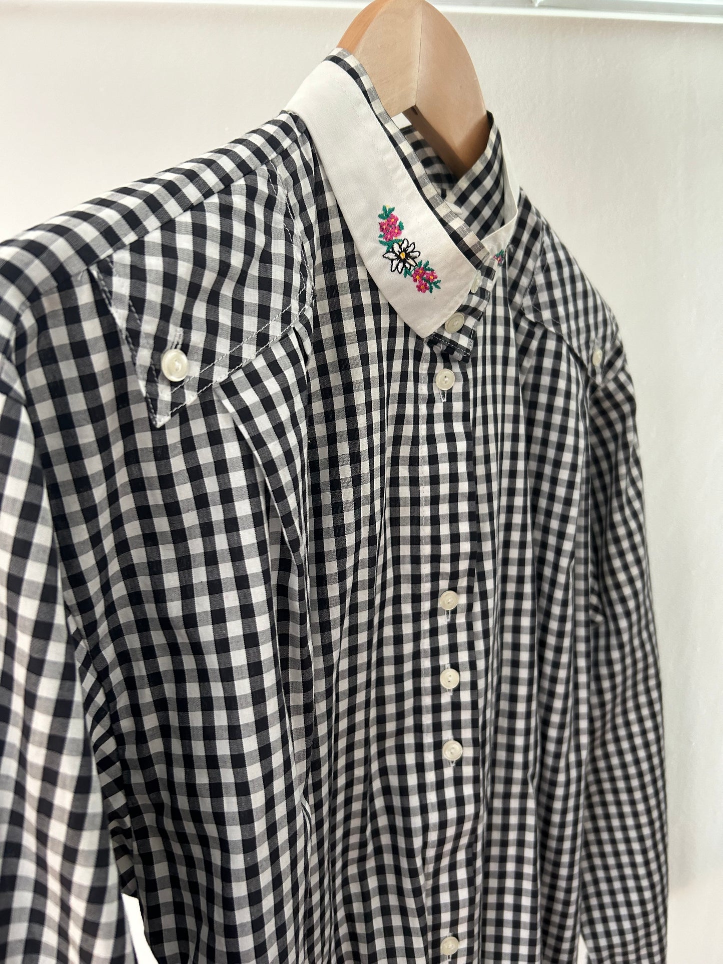 Vintage 1980s UK Size 14 Black & White Gingham Check Cotton Long Sleeve Embroidered Cotton Detail Shirt