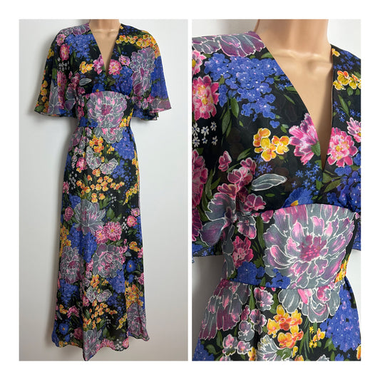 Vintage 1970s Size 8-10 Black Blue Pink & Yellow Floral Print Cape Sleeve Maxi Dress
