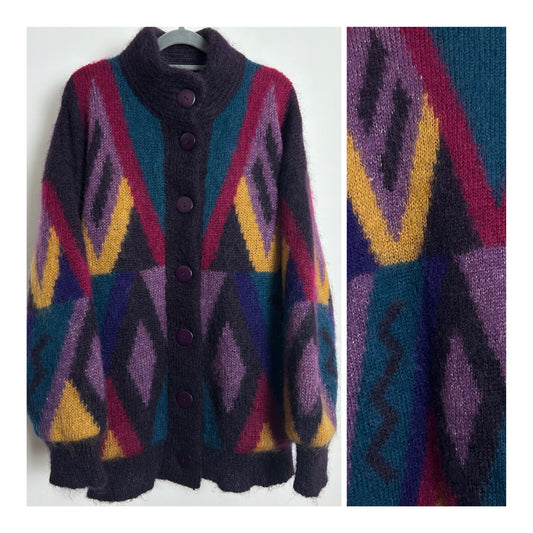 Vintage 1980s YOUR SIXTH SENSE Size XL Oversized Purple Pink Green & Mustard Mohair Mix Chunky Coatigan