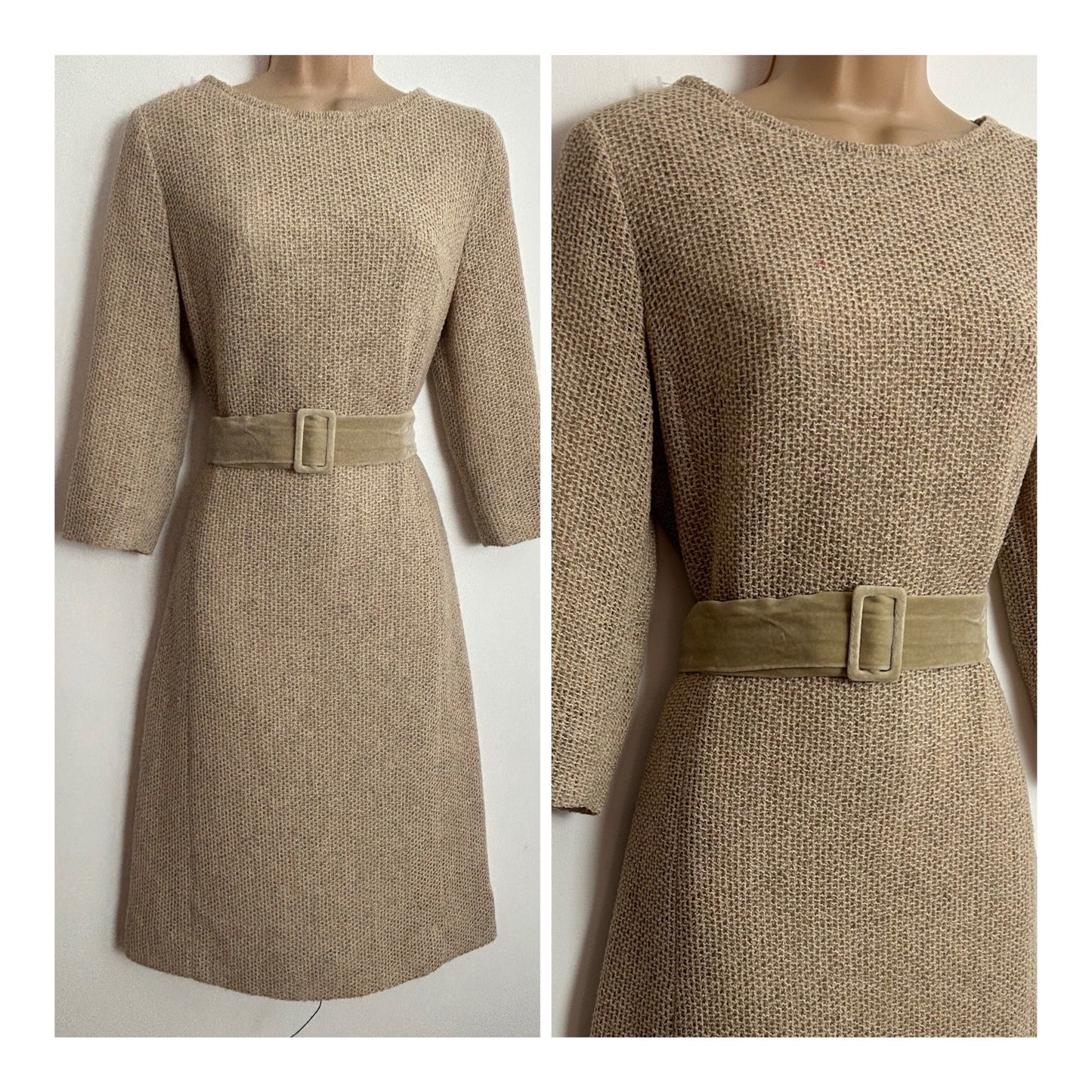 Vintage Early 1970s UK Size 12 Beige Waffle Fabric 3/4 Sleeve Velvet Belted Mod Dress