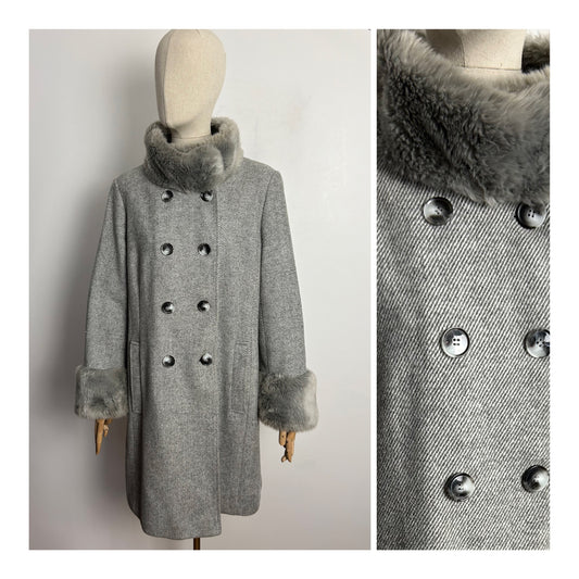 Gorgeous JACQUES VERT Size 14 Grey Wool Mix Faux Fur Trimmed Funnel Neck Double Breasted Coat