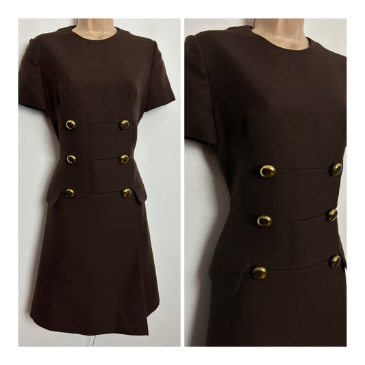 Vintage 1960s UK Size 10 Chocolate Brown Pure New Wool Military Style Short Sleeve Mod Dress