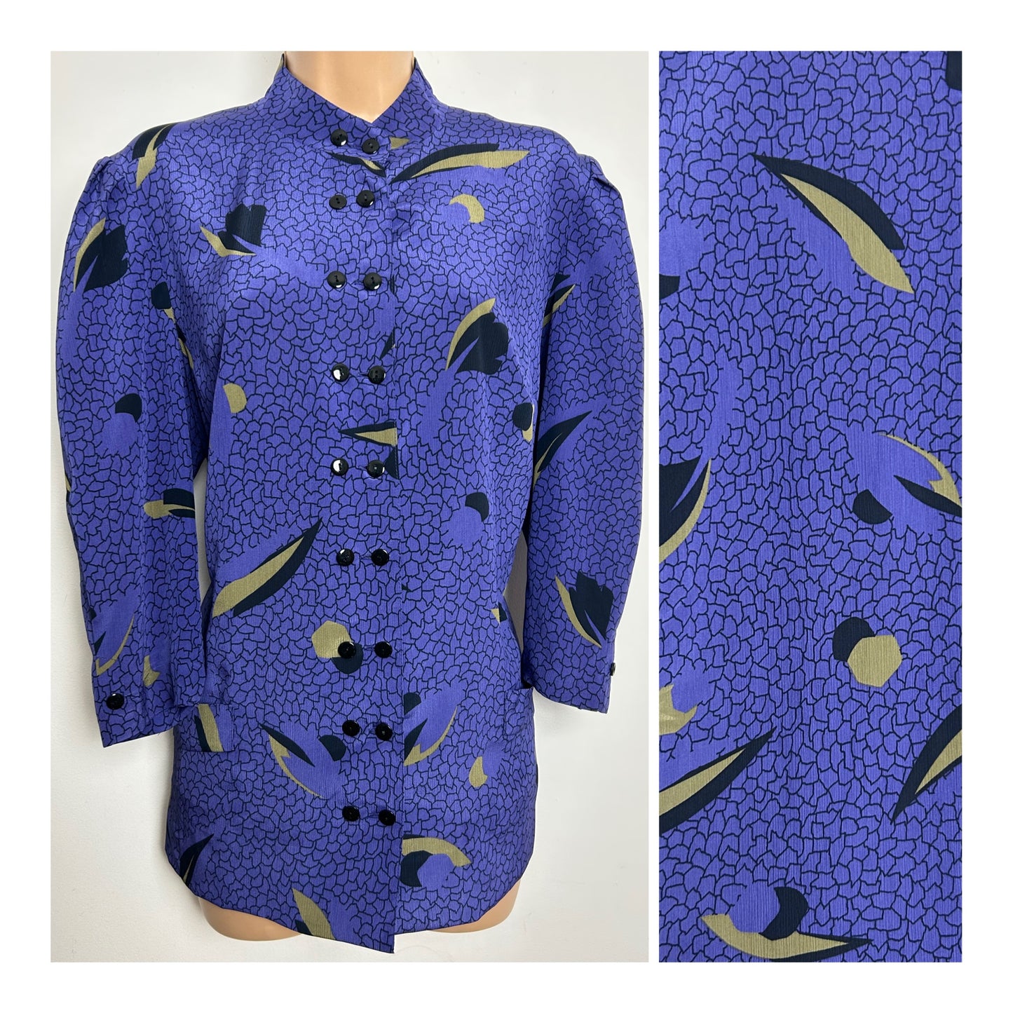 Vintage 1980s Size 12 Dark Purple Abstract Print Double Buttons Long Sleeve Shirt