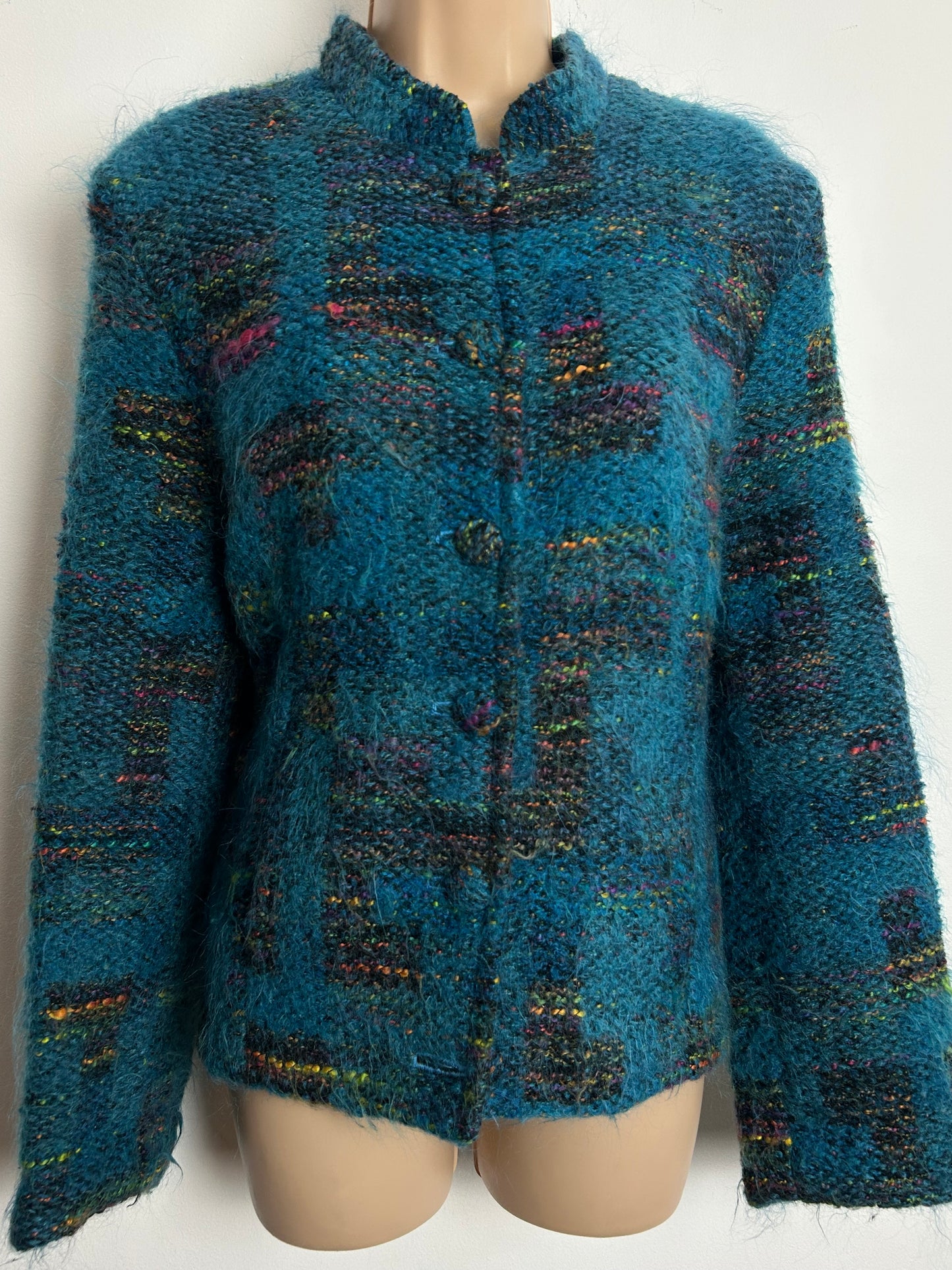 Vintage Early 1980s Size 12-14 Peacock Blue Mohair & Wool Mix Collarless Jacket