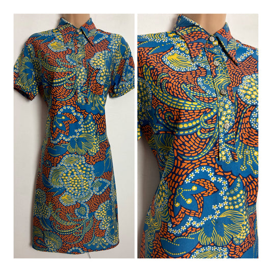 Vintage 1970s UK Size 12-14 Blue Orange & Yellow Floral & Geo Print Short Sleeve Mod Shift Dress
