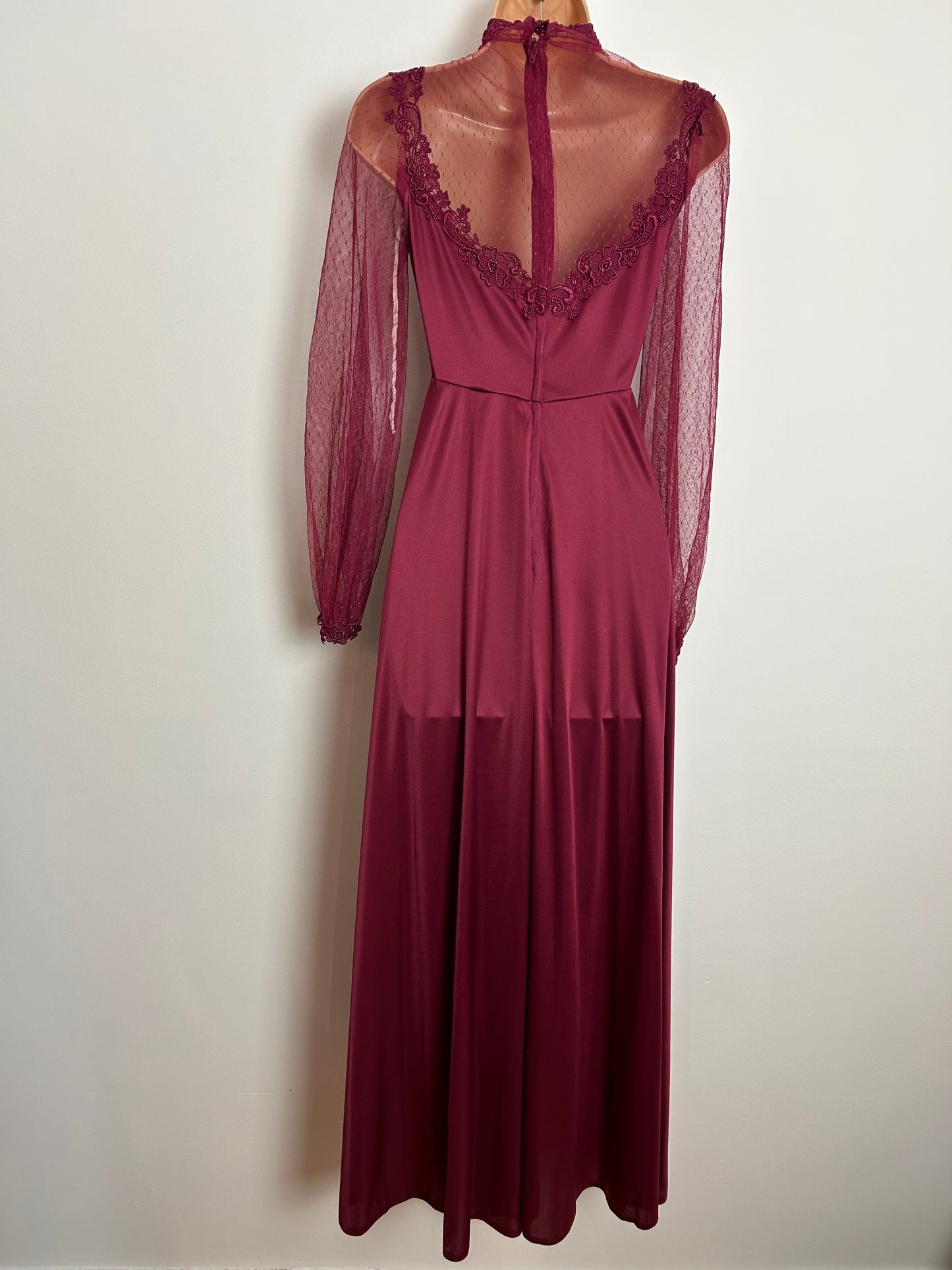 Vintage 1970s UK Size 6 Maroon Lace Detail Sweetheart Neckline Long Sleeve Occasion Evening Maxi Dress