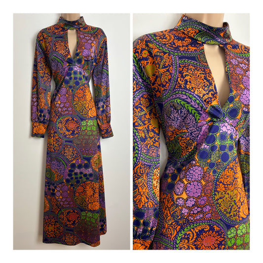 Vintage 1970s Size 10 Navy Blue Orange Green & Purple Abstract Nouveau Floral Print Keyhole Long Sleeve Maxi Dress