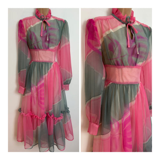Vintage 1970s Size 8 Gorgeous Pink & Grey Tones Long Sleeve Chiffon Occasion Midi Dress