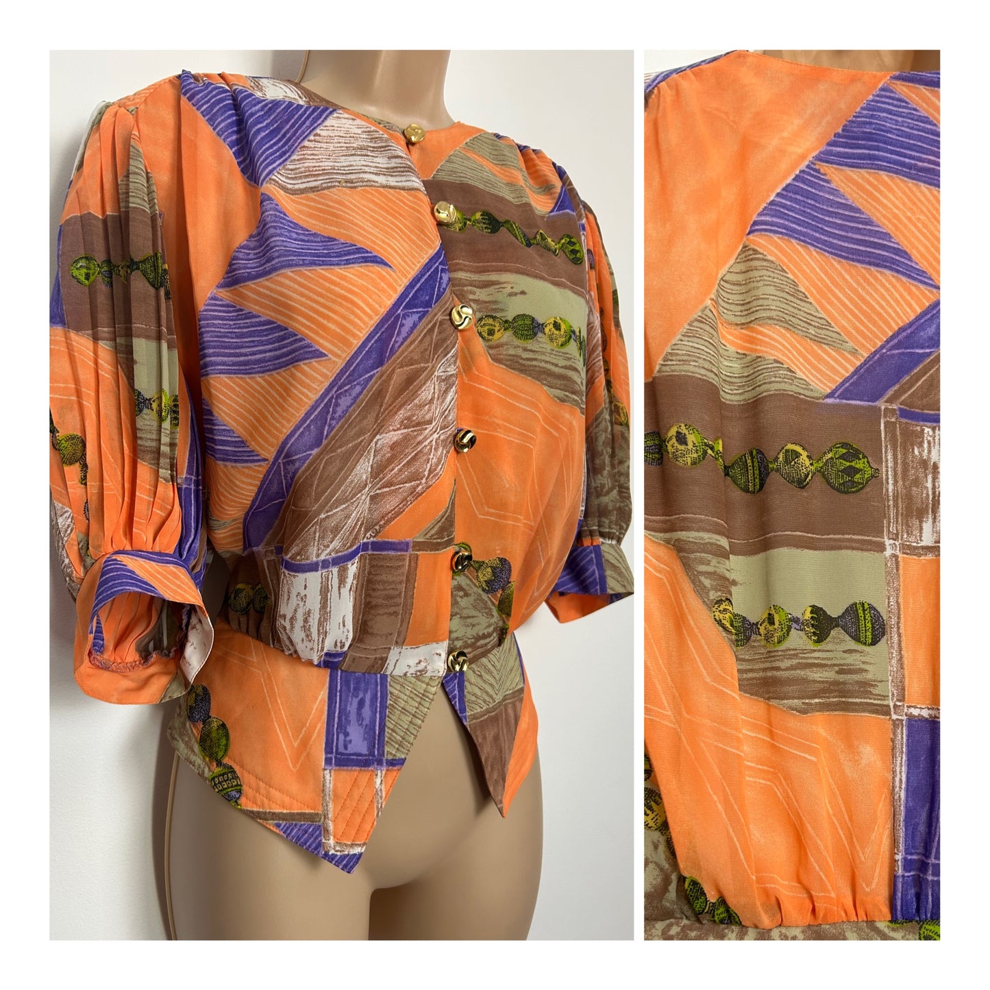 Vintage 1980s HARDOB Size 12-14 Orange Purple & Green Abstract Print Pleated Sleeve Oversized Blouse