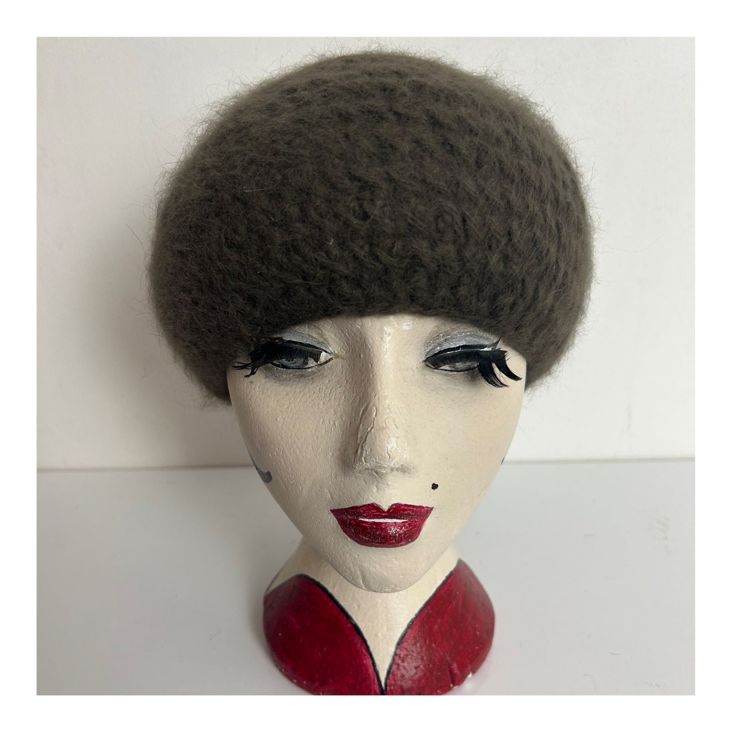 Vintage Khaki Army Green Chunky Knit Angora Mix Beanie Beret Style Hat