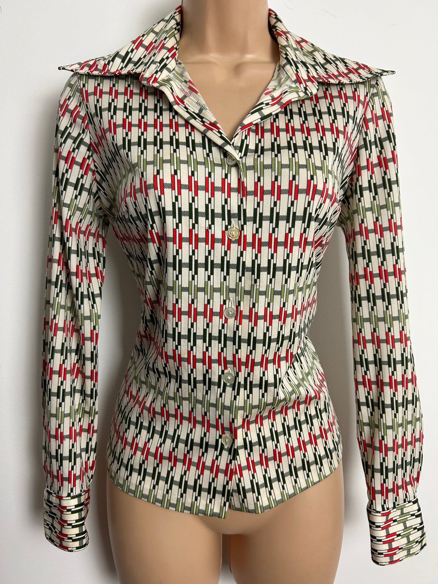 Vintage 1970s Size 10 Cream Green & Red Stripe Print Long Sleeve Shirt