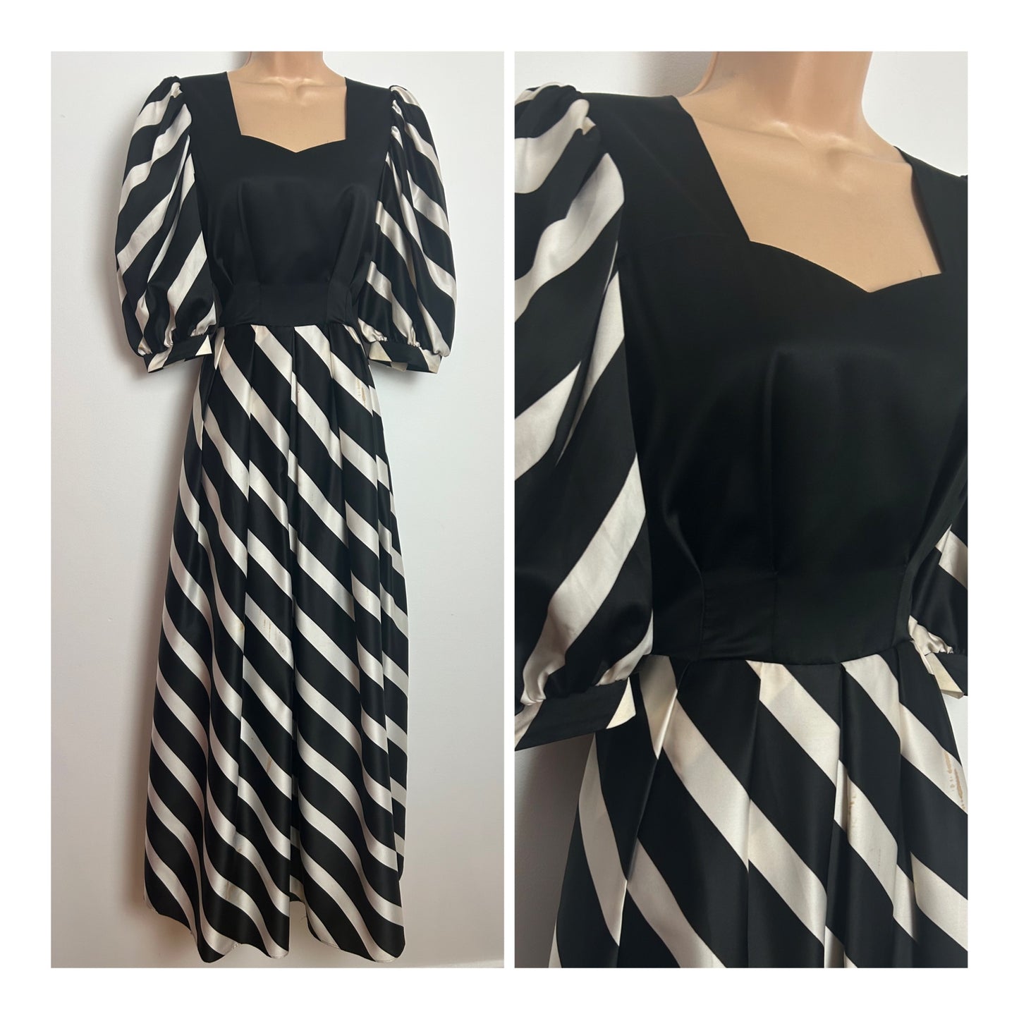 Vintage Early 1980s REBER Size 8 Black & White Stripe Mid Sleeves Occasion Maxi Dress