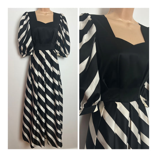 Vintage Early 1980s REBER Size 8 Black & White Stripe Mid Sleeves Occasion Maxi Dress