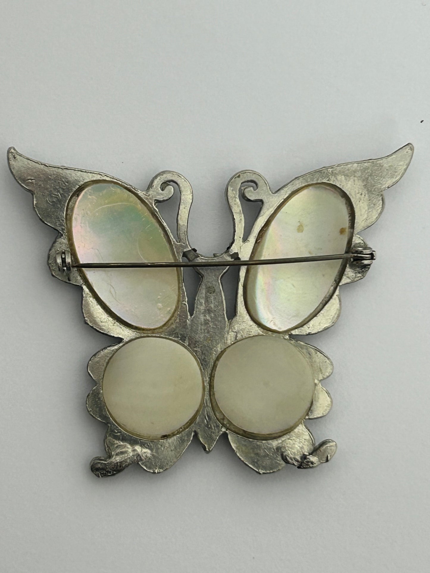 Vintage Absolutely Beautiful Large Silver Tone Mother Of Pearl Set Orange Butterfly Brooch