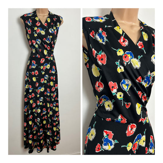 Vintage 1970s Size 10 Black Coral Lemon & Blue Floral Print Maxi Length Wrap Dress